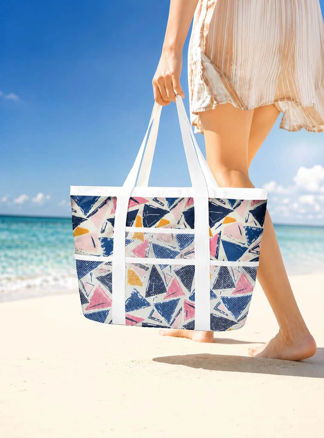 Di Pelle Waterproof Beach Tote Bag – Handmade Egyptian Design — مشجر مثلثات — 3