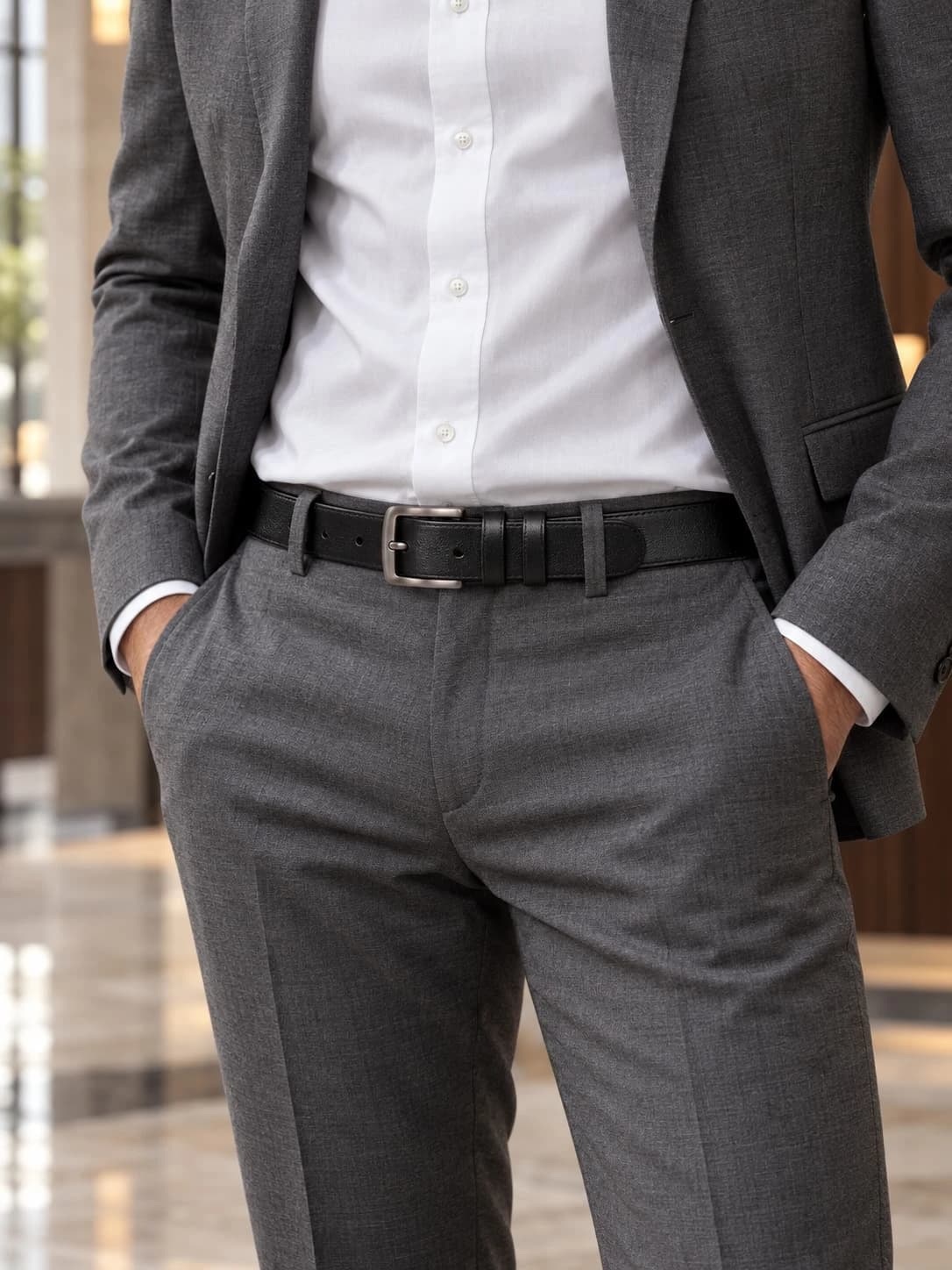 حزام جلد طبيعي رجالي – إبزيم معدني قابل للتعديل — Black — 3