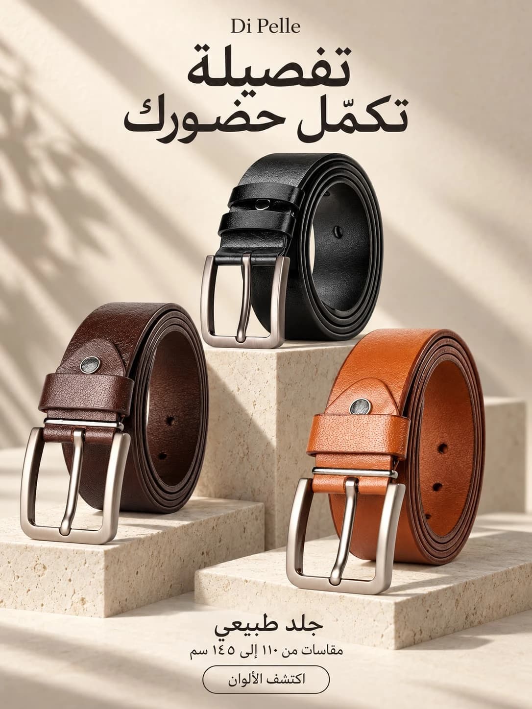حزام جلد طبيعي رجالي – إبزيم معدني قابل للتعديل — Black — 7